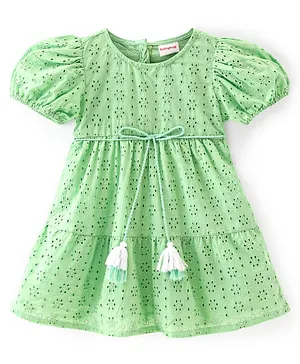 Babyhug 100% Cotton Woven Schiffili Half Sleeves Frock With Floral Detailing - Green