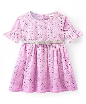 Babyhug 100% Cotton Woven Schiffili Half Sleeves Frock With Floral Detailing - Lilac