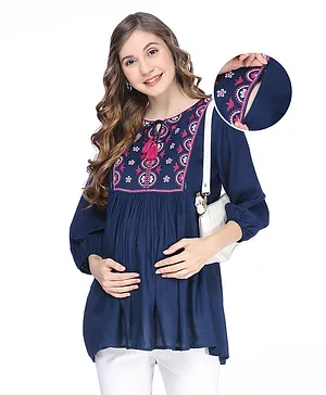 Bella Mama Woven  Three Fourth Sleeves Maternity Top with Embroidered Yoke  - Navy Blue