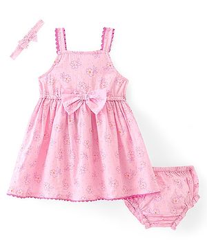 Babyhug 100% Cotton Woven Sleeveless Frock With Bloomer & Headband Floral Pint- Pink