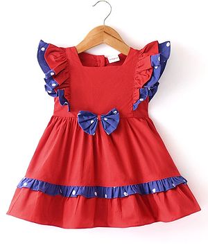 Babyhug Cotton Knit  Half Sleeves  Frock with Bow Detailing - Red