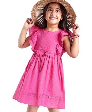 Babyhug Cotton Woven Frill Sleeves Frock with Bow Applique- Purple