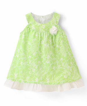 Babyhug 100% Cotton Woven Sleeveless Frock With Floral Print- Green