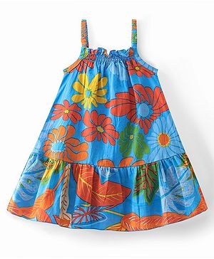 Babyhug 100% Cotton Woven Sleeveless Singlet Frock with Floral Print - Multicolour