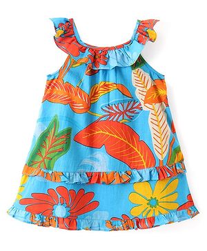 Babyhug Cambric Sleeveless One Piece Dress Tropical Print - Multicolour