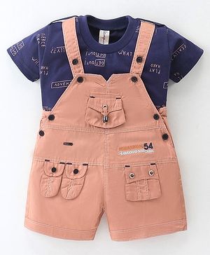 Dapper Dudes Half Sleeves 54 Number Embroidered Dungaree With Printed Tee - Peach