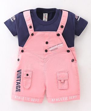 Dapper Dudes Half Sleeves Vintage Text Printed Dungaree With Tee - Pink