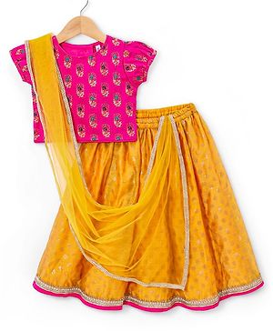 Babyhug Half Sleeves Banarsi Brocade Choli with  Lehenga & Dupatta Set - Mustard