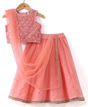 Babyhug Woven Sleeveless Embroidered Choli With Brocade Lehenga and Dupatta Set - Peach