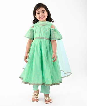 Babyhug  Cold Shoulder Sleeves Embroidered Kurti & Salwar with  Dupatta - Mint