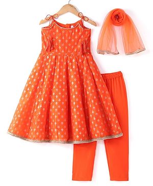 Babyhug Woven Sleeveless Brocade Kurti Chudidar and Dupatta Set - Orange