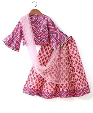 Babyhug Cotton Woven Three Fourth Sleeves Choli With Embroidered Lehenga and Dupatta Set Floral Print - Peach