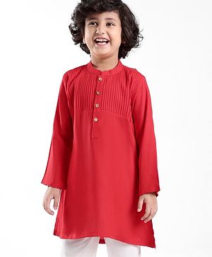 Babyhug Cotton Knit Full Sleeves Pintucked Kurta Solid Colour - Red