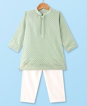 Babyhug Full Sleeves Kurta Payjama Set with Sequined  & Embroidery Detailing - Green