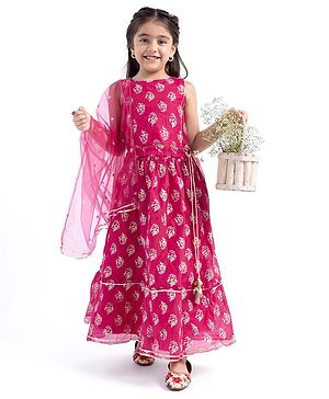 Babyhug Woven Sleeveless Foil Printed Lehenga Choli With Dupatta Set Floral Print - Fuchsia