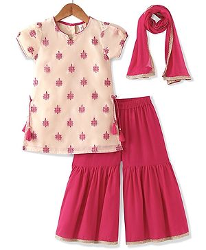 Babyhug Woven Half Sleeves Floral Embroidered Kurti Palazzo & Dupatta - Beige & Red