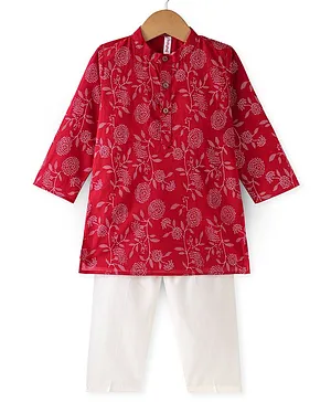 Babyhug 100% Cotton Woven Full Sleeves Kurta & Pyjama Set With Floral Print - Red & White