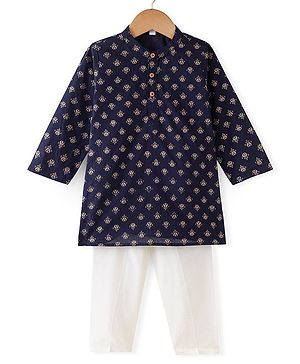 Babyhug 100% Cotton Woven Full Sleeves Kurta & Pyjama Set With Foil Print - Navy Blue & White