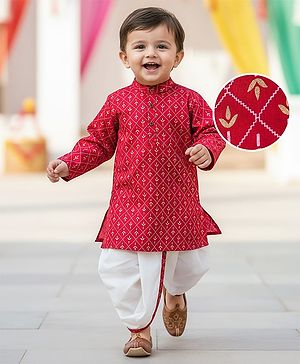 Babyhug 100% Cotton Woven Full Sleeves Kurta & Dhoti Set With Floral Print - Red