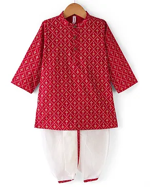 Babyhug 100% Cotton Woven Full Sleeves Kurta & Dhoti Set With Floral Print - Red
