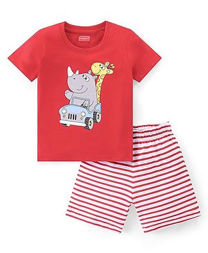 Babyhug Single Jersey Knit Half Sleeves Night Suit Stripes & Giraffe Print - Red