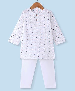 Babyhug 100%  Cotton Woven Kurta & Pyjama Set With Dots Pattern Print - White