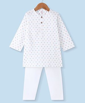Babyhug 100%  Cotton Woven Kurta & Pyjama Set With Dots Pattern Print - White