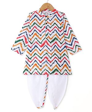 Babyhug 100% Cotton Woven Full Sleeves Kurta & Dhoti Set With Chevron Print - Multicolor