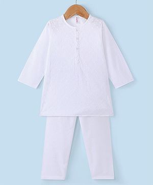 Babyhug 100% Cotton Woven Schiffly Full Sleeves Kurta & Pyjama Set Solid Colour - White