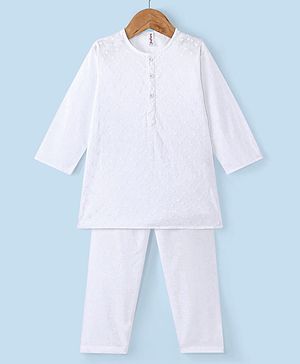 Babyhug 100% Cotton Woven Schiffly Full Sleeves Kurta & Pyjama Set Solid Colour - White