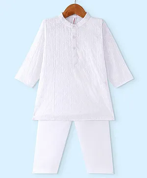 Babyhug 100% Cotton Full Sleeves Schiffly Kurta & Pyjama Set Solid Colour - White