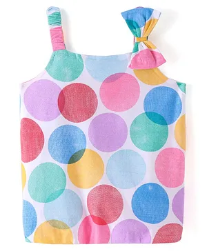 Babyhug Cotton Knit Sleeveless Polka Dots Printed Top with Bow Detailing - White