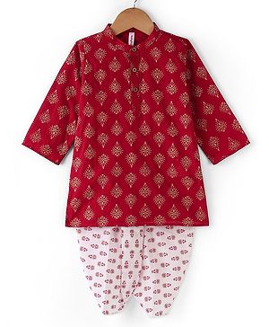 Babyhug Cotton Woven Full Sleeves Hand Block Printed Kurta & Dhoti Set - Red & White