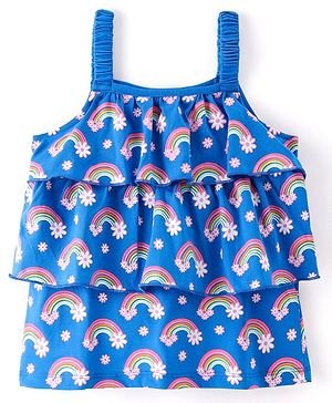 Babyhug Cotton Knit Sleeveless Floral & Rainbow Printed Top - Blue & Pink