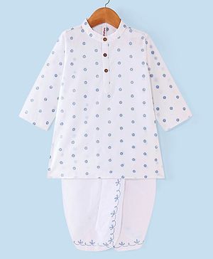 Babyhug 100% Cotton Foil Printed Full Sleeves Kurta & Dhoti Set - White & Blue