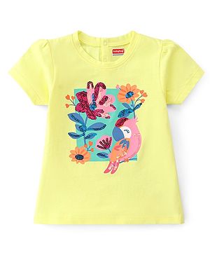 Babyhug 100% Cotton Knit Half Sleeves Top with Floral & Bird Graphics - Yellow