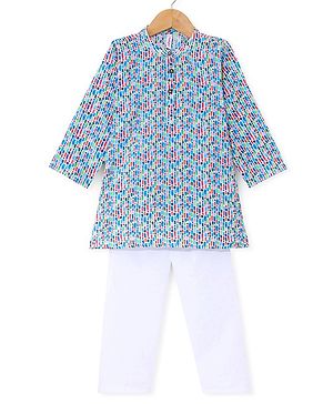 Babyhug 100% Cotton Woven Full Sleeves Kurta & Pyjama Set With Bricks Print - Multicolour