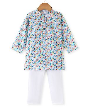 Babyhug 100% Cotton Woven Full Sleeves Kurta & Pyjama Set With Abstract Print - Blue & White