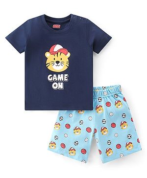Babyhug Cotton Knit Single Jersey Half Sleeves Night Suit With Tiger & Text Print - Navy Blue
