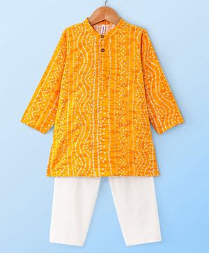 Babyhug 100% Cotton Woven Full Sleeves Bandhani Print Kurta Pyjama Set - Yellow