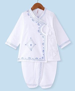 Babyhug 100% Cotton Woven Angarakha Full Sleeves Embroidered Kurta & Dhoti Set -White & Blue