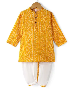 Babyhug 100% Cotton Woven Full Sleeves Kurta & Dhoti Set With Bandhani Print - Yellow & White