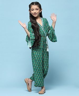 BIBA Full Bell Sleeves Floral Motif Printed Rayon Jumpsuit - Green