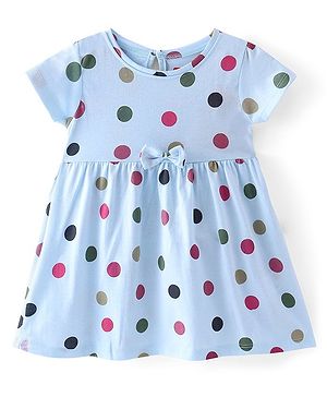 Babyhug Single Jersey Knit Half Sleeves Polka Dot Printed Frock - Blue