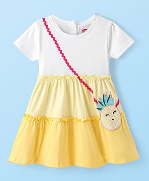 Babyhug Cotton Knit Half Sleeves Tiered Frock with Pineapple Patch - Yellow