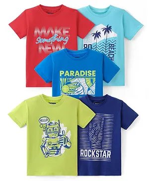 Pine Kids Cotton Half Sleeves T-Shirts Beach & Robot Print Pack of 5 - Multicolor