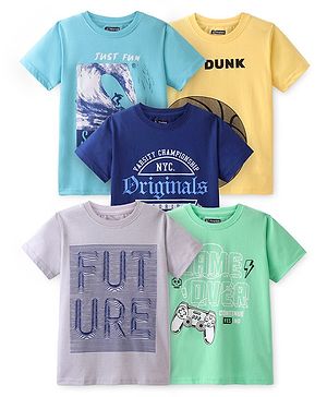 Pine Kids Cotton Knit Half Sleeves Surfing & Gaming Console Printed T-Shirts Pack of 5 - Multicolour
