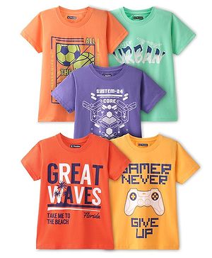 Pine Kids Cotton Knit Half Sleeves Balls & Text Printed T-Shirts Pack of 5- Multicolour