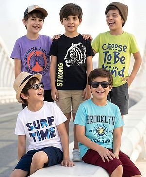 Pine Kids Cotton Knit Half Sleeves Tiger & Text Printed T-Shirts Pack of 5 - Multicolour