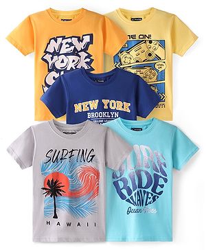 Pine Kids Cotton Knit Half Sleeves Text Printed T-Shirts Pack of 5 - Multicolour